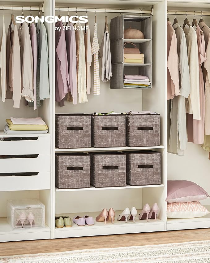 SONGMICS Storage Cubes, 11-Inch Non-Woven Fabric Bins with Double Handles, Set of 6, Closet Organizers for Shelves, Foldable, for Clothes, Walnut Color UROB026K02 - Image 2