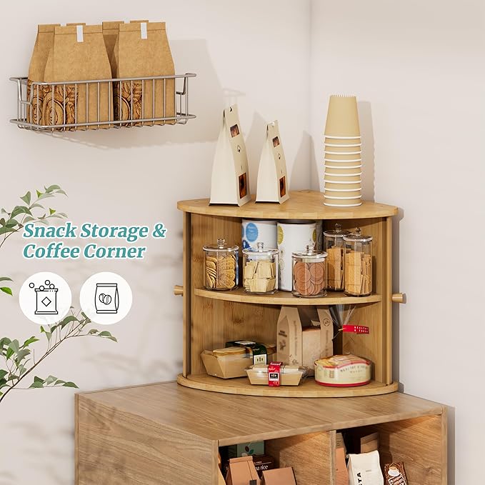 Corner Bread Box for Kitchen Countertop, Solid Bamboo Wood Bread Box, Two Layer Wooden Bread Storage Capacity - Image 3