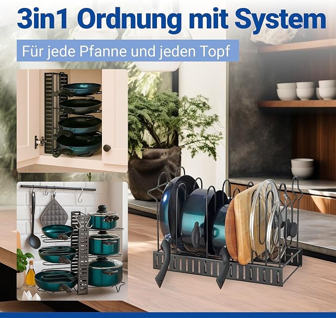 3-in-1 Pot and Pan Stand, Adjustable, Space-Saving, Holds up to 8 Pots, Pans and Lids, for Kitchen Cabinets from 60 cm Wide, Metal, 54.5 x 42 x 20 cm - Image 6