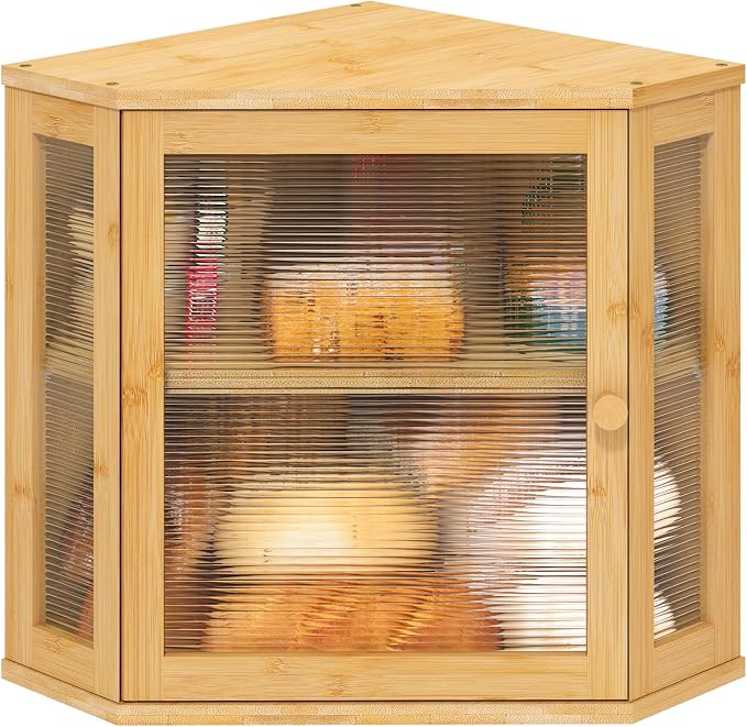 viewcare Corner Bread Box for Kitchen Counter, Bamboo Wood Large Capacity Bread Storage Bin with Acrylic Wavy Door Panel (Natural, Meduim) by VIEWCARE