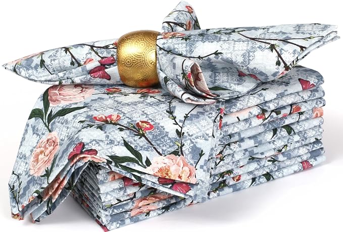 Bedding Craft Cotton Cloth Dinner Napkins Set of 12 – 18x18 Birds Print Design with 1" Fold – Reusable Machine Washable Fabric Napkins for Parties, Dining & Everyday Use by BeddingCraft