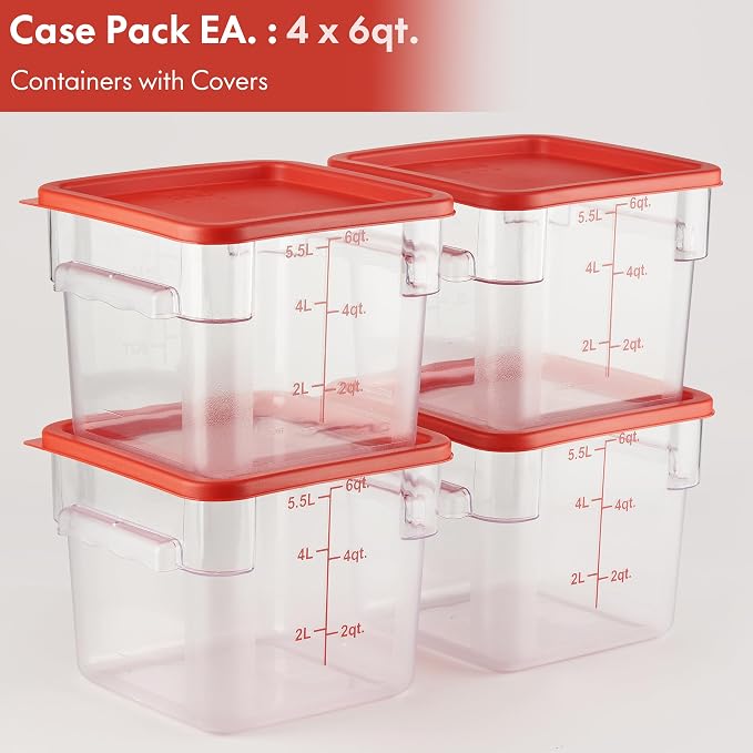 4 Pack Food Storage Container with Red Lid - NSF Commercial Grade in 6.0 Qt - Square, Clear, Polycarbonate - Image 2