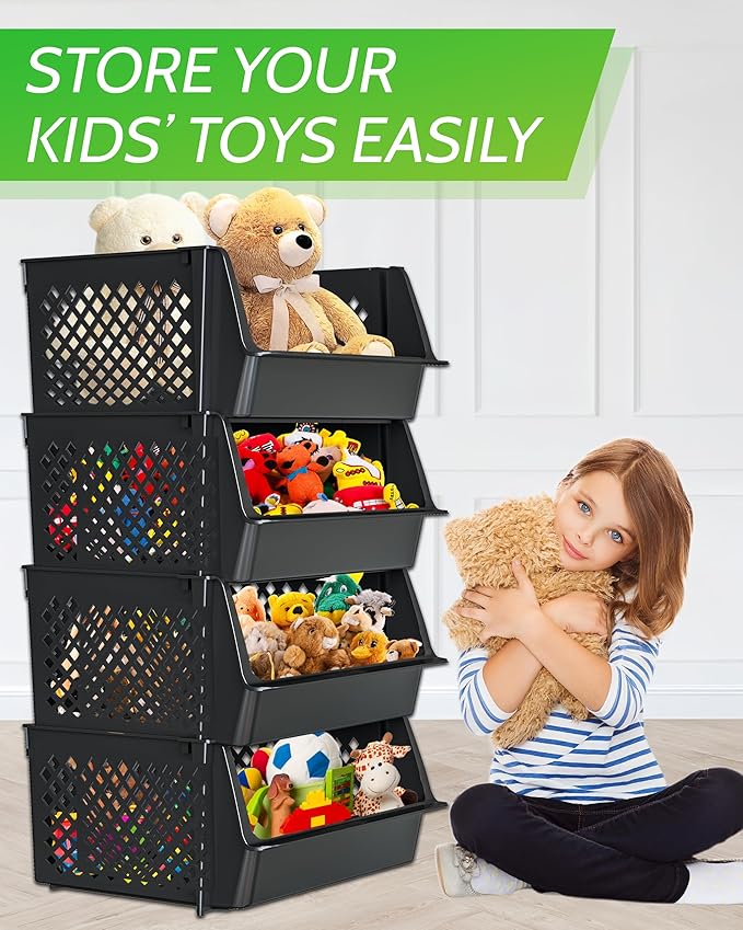 Large Stackable Storage Bins Open Front for Pantry Storage, 4 Pack - Black | Sturdy Plastic, Easy Stacking, Open Front Access, Ventilated Sides, Vertical & Space Saving Pantry Organizers and Storage Bin - Image 6