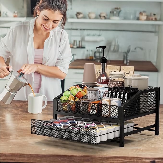 Coffee Bar Organizer - Coffee Station for Countertop, Metal and Wood K Cup holder Storage Basket with Drawer for Syrup, Cups, Stirrer, Condiment, Tea Organizer, Black - Image 6