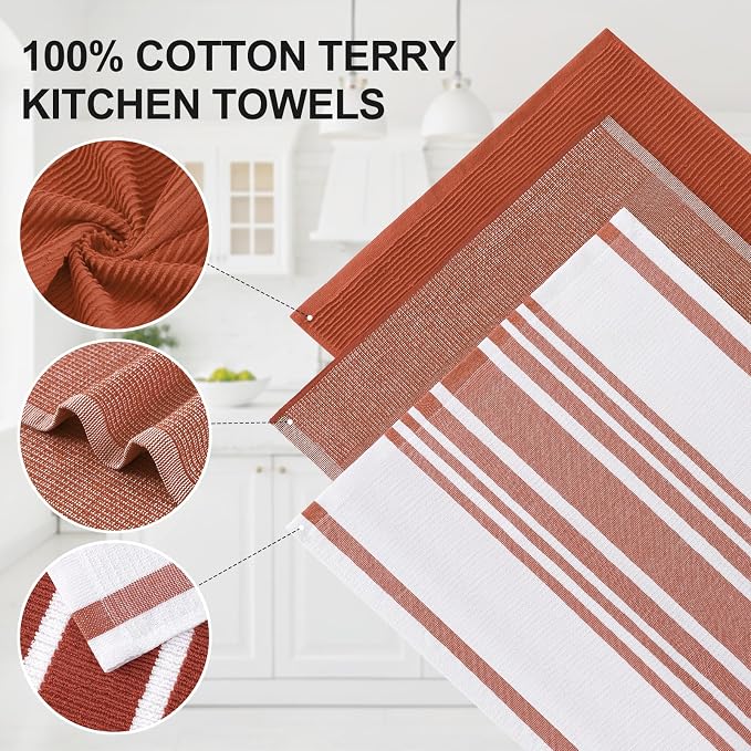Homaxy Cotton 380 GSM Premium Kitchen Towels, 18"x 28", 9 Pack, Rust | Soft and Absorbent Terry Dish Towels, Multipurpose Tea Towel Set with Hanging Loop, 3 Styles Kitchen Hand Towels - Image 2