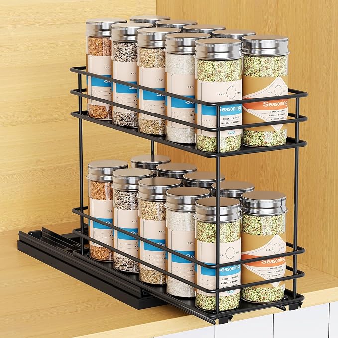 Mystozer Pull Out Spice Rack Organizer for Cabinet, Slide Out Spice Racks, Easy to Install, 4.33" Wx10.43 Dx8.66 H, 1 Drawer 2 Tiers(Black) by Mystozer