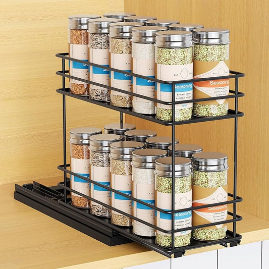 Mystozer Pull Out Spice Rack Organizer for Cabinet, Slide Out Spice Racks, Easy to Install, 4.33" Wx10.43 Dx8.66 H, 1 Drawer 2 Tiers(Black) by Mystozer