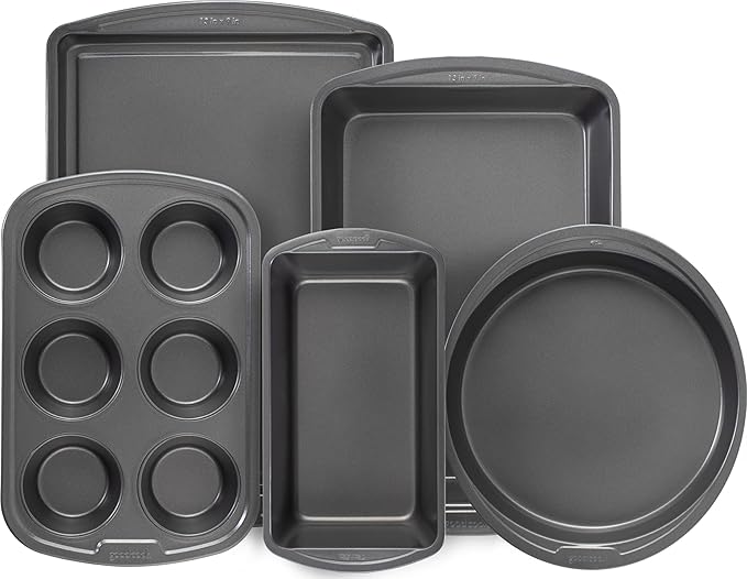 GoodCook Everyday Nonstick Steel 5-Piece Bakeware Set, Gray, Includes Cookie Sheet, Cake Pan, Loaf Pan, Muffin Pan, and Roast Pan, Durable and Scratch-Resistant Baking Set by GoodCook