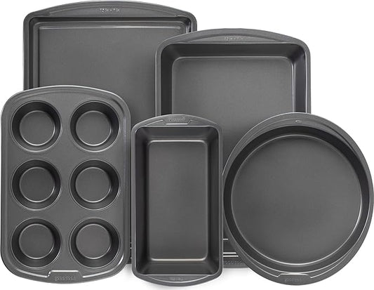 GoodCook Everyday Nonstick Steel 5-Piece Bakeware Set, Gray, Includes Cookie Sheet, Cake Pan, Loaf Pan, Muffin Pan, and Roast Pan, Durable and Scratch-Resistant Baking Set by GoodCook