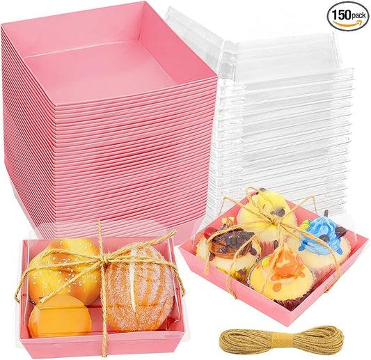 Pink Charcuterie Boxes with Clear Lids - Set of 150, 5.3x4.9x2.5 Disposable Food Containers with Lids, Bakery Boxes for Swiss Roll, Sandwich, Strawberries, Slice Cake, Cookies by DERZIFUN