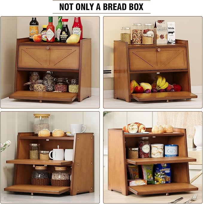 Trironsun Vintage Double Layer Bread Box for Kitchen Counter Bamboo Bread Storage Container Large Capacity Bread Storage Bin - Image 9