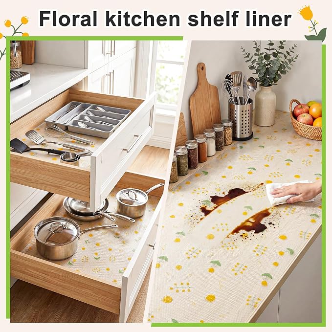 Beautysaid Shelf Liner Non Adhesive — EVA Drawer & Cabinet Liner, Waterproof Non Slip Kitchen Shelf Paper, Thick Washable Refrigerator Mat for Cabinet Shelves & Pantry, Floral, 24 in x 10 FT - Image 4