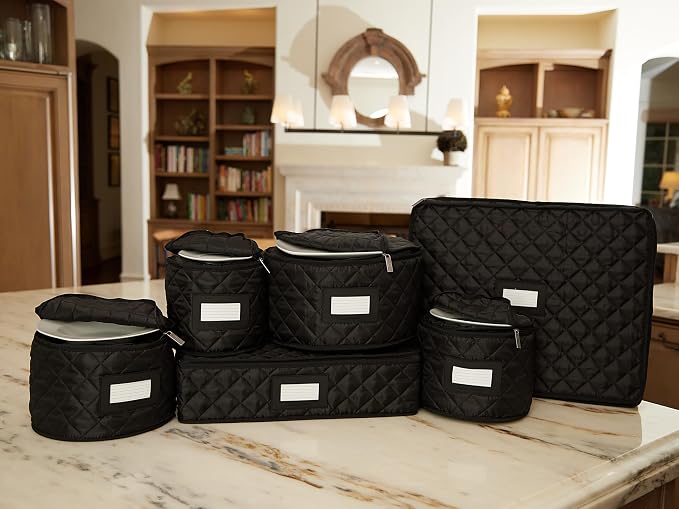 Covermates Keepsakes Dish Storage Set – Padded China & Dinnerware Storage Cases with Dividers, Cup & Stemware Storage, Quilted Polyester Protection, ID Window, Black - Image 7