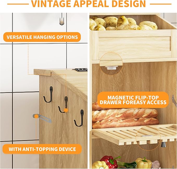 Potato Storage Bins, Fruit and Vegetable Storage, Kitchen Pantry Cabinet | Potato and Onion Storage Bins, Mid Century Modern, Wooden, for Homemade Bread, Snack, Magnetic Flip top, 3 Tier, Natural - Image 5