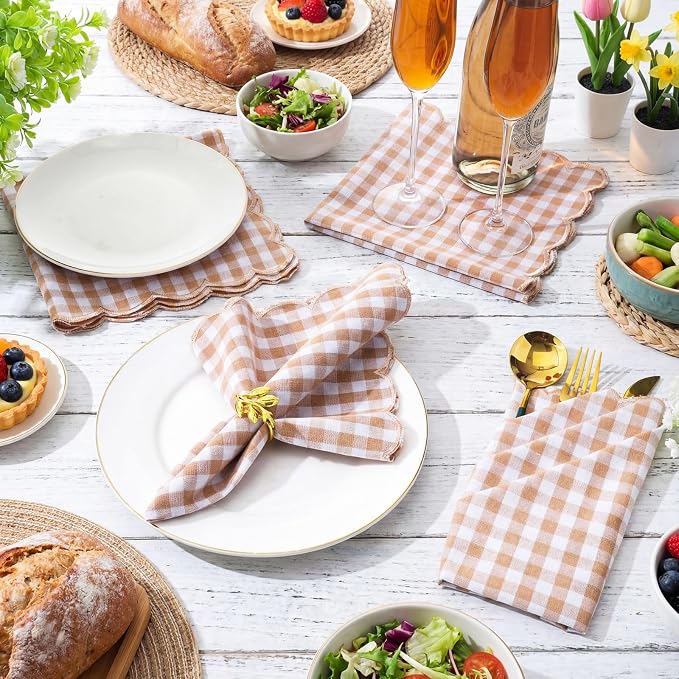 SmoothNovelty 12 Pack Buffalo Plaid Cloth Napkins 18x18 Inch Checkered Cloth Napkins Scalloped Soft Cotton Table Mat Washable Reusable for Dinner Wedding Holiday Birthday Parties (Classic,Khaki) - Image 4