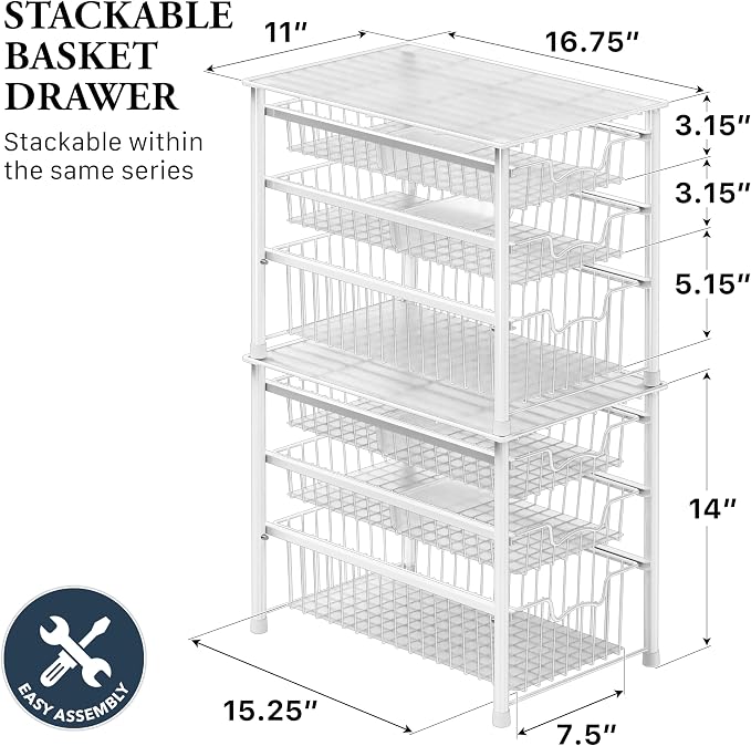Simple Houseware Stackable 3 Tier Sliding Basket Organizer Drawer, White - Image 2