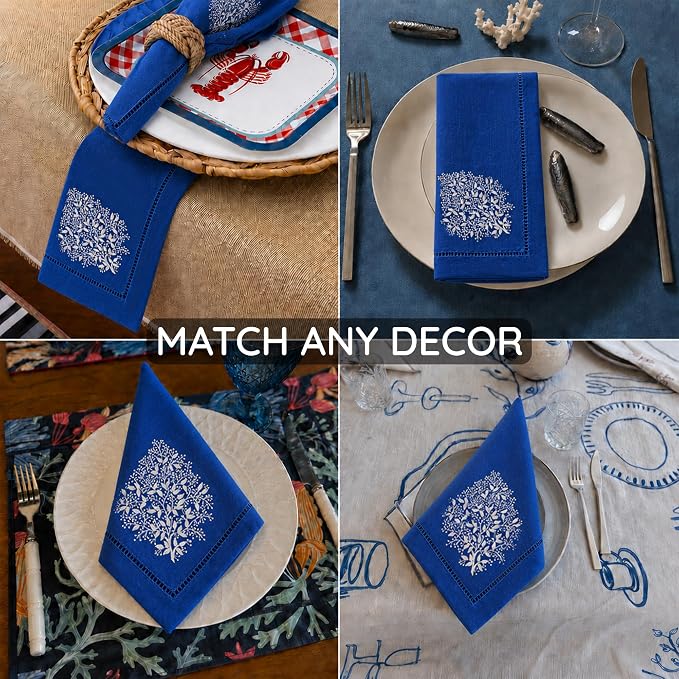 Cloth Napkins Set of 4, 20x20 inch, 100% Linen Hand Embroidered French Knot, Reusable & Machine Washable, Elegant Table Napkins for Dinner, Weddings, Parties (Royal Blue) - Image 6