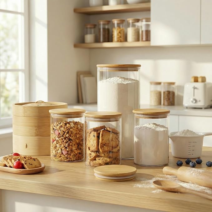 HomArtist Extra Large Glass Flour and Sugar Storage Containers with Airtight Lids,132 floz x2 [Set of 2] Big Glass Jars with Bamboo Lids, Air Tight Food Storage Jars for Cereal, Pasta, Rice, Coffee - Image 6
