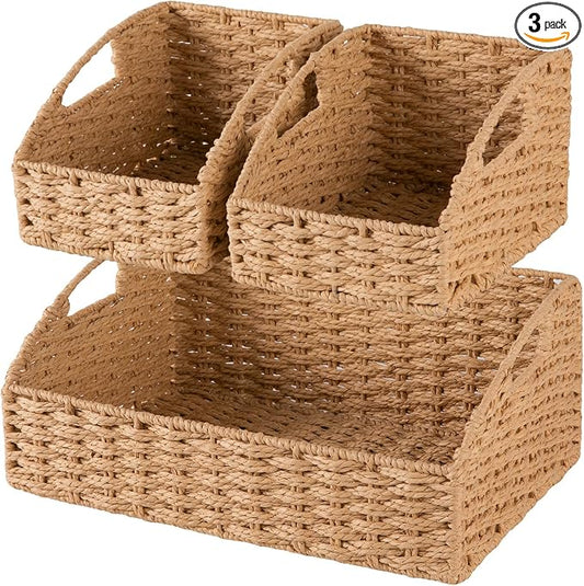 OIAHOMY Pantry Baskets for Organizing, Paper Rope Baskets with Built-in Handles, Wicker Storage Baskets for Shelves, 3 Pack-Yellow by MasterofSpaceOptimization