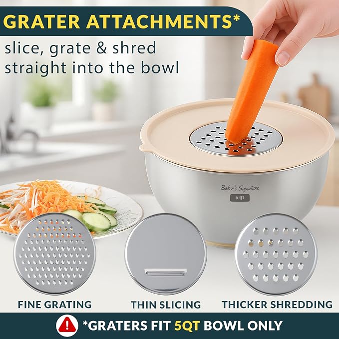 Baker's Signature Stainless Steel Mixing Bowls with Lids Set, 5 Sizes | 3 Graters, Non-Slip Base, Airtight Metal for Kitchen, Food Prep, Storage, 0.63QT-5QT, Khaki - Image 6