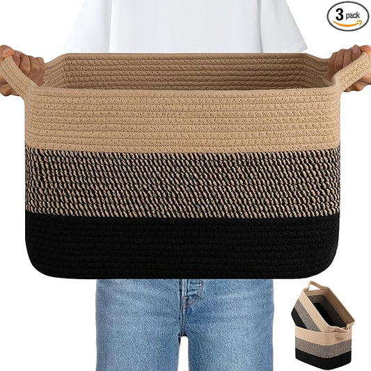OIAHOMY Woven Storage Basket, Cotton Rope Baskets for Toys,Towel, Clothes, Used to Bathroom,Living Room,Nursery,Bedroom, 16"x12"x10"- Pack of 3, Black & Brown by MasterofSpaceOptimization