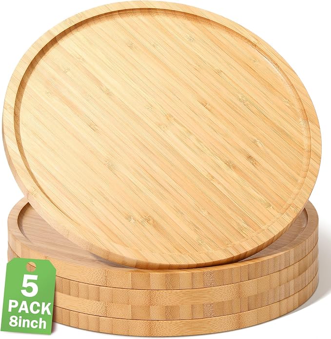 Bamboo Tray - 5 Pcs Wood Plates, Round Charcuterie Board & Serving Platter with Rim for Kitchen, Fruit, Bread, Salad, Coffee Table, Home, Hotel, Restaurant (8 Inch) by Meanplan