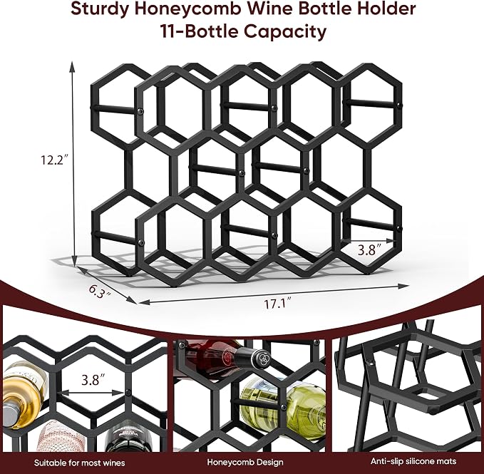 3-Tier Hexagon Metal Countertop Wine Rack, 11 Bottles Tabletop Wine Bottle Holder Stand for Cabinet Pantry, Indoor Outdoor Home Bar Storage Organizer - Image 4