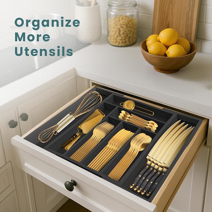 Sben Expandable Drawer Organizer for Utensils Holder, Adjustable Cutlery Tray, 6-8 Slots, Premium Wood Drawer Dividers Organizer for Silverware, Flatware, Knives for Kitchen (Black) - Image 3