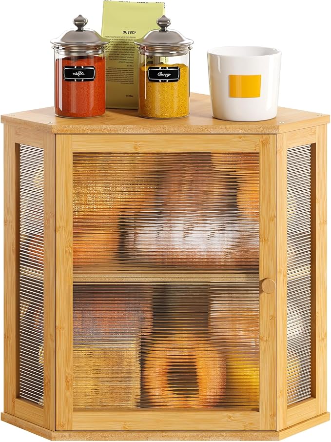Corner Bread Box, Large Bamboo Bread Box for Kitchen Countertop, 2 Tier Wooden Bread Storage (Natural, Large) by VRICCC