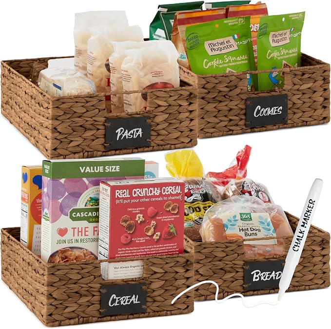 Best Choice Products Set of 4 16x12in Large Water Hyacinth Pantry Baskets, Woven Organizers w/Chalkboard Label, Chalk Marker - Chestnut by Unknown