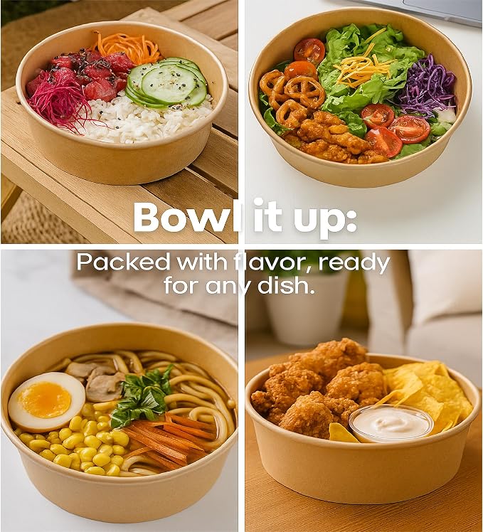 34oz Disposable Round Paper Bowls with Lid, 50 Sets Deli Container Box Spillproof Microwave & Freezer Safe, To Go Meal Prep Container for Lunch Work Meal, Sturdy for Picnic Camp Family - Image 4