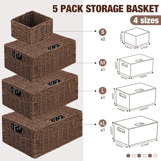 Yookeer 5 Pcs Woven Paper Rope Storage Baskets with Lid and Handles, Brown Large Storage Organizer with Labels, Stackable Rectangular Boho Decorative Baskets for Toys Shelves Bedroom - Image 2