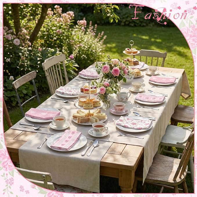 24 Pcs Floral Cloth Napkins 6 Patterns Washable Dinner Tea Party Napkins Reusable Plant Flowers Square Napkin Cotton Towel Decorative for Summer Wildflower Party(Pink Flowers) - Image 4
