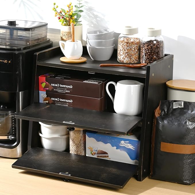Bamboo Corner Bread Box for Kitchen Countertop 2-Tier Black | Farmhouse Bread Storage Container, Large Pantry Organizers for Homemade Snacks, Loaves, Breathable Keeps Bread Fresh - Image 5