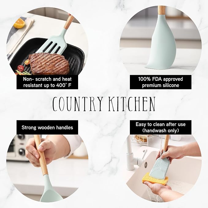 Country Kitchen Non Stick Silicone Utensil Set with Rounded Wood Handles for Cooking and Baking, 14 Piece Set, Mint - Image 2