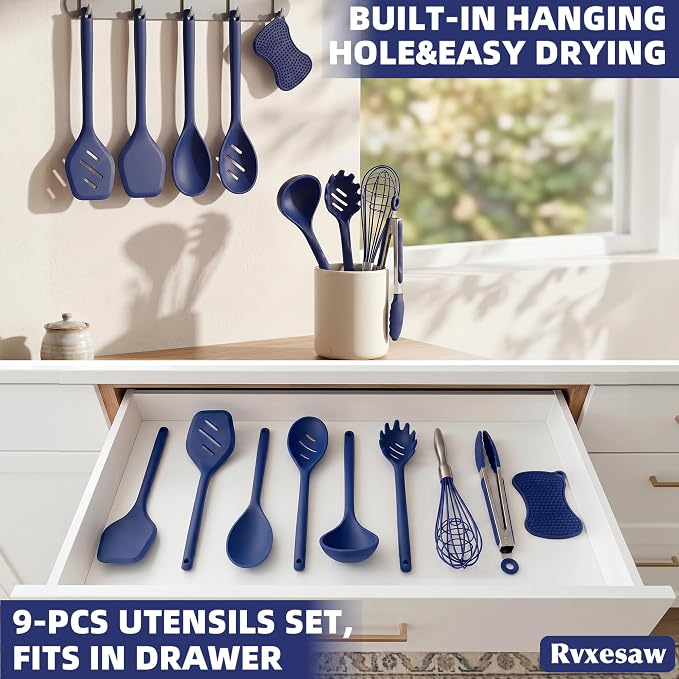 Kitchen Utensils Set,9 PCS Silicone Cooking Utensils Set Spatula Set,Tongs,Spoon,Whisk,Brush,Dishwasher Safe Kitchen Gadgets for Non-Stick Cookware,Home Essential，Kitchen Appliances(Navy Blue) - Image 8