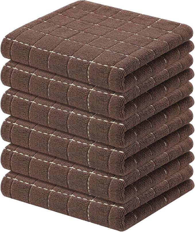 Kitinjoy 100% Cotton Terry Kitchen Towels, 13”x 28”, 6-Pack, Brown | Checkered Designed, Ultra Soft Absorbent Quick Drying Dish Towels by Kitinjoy