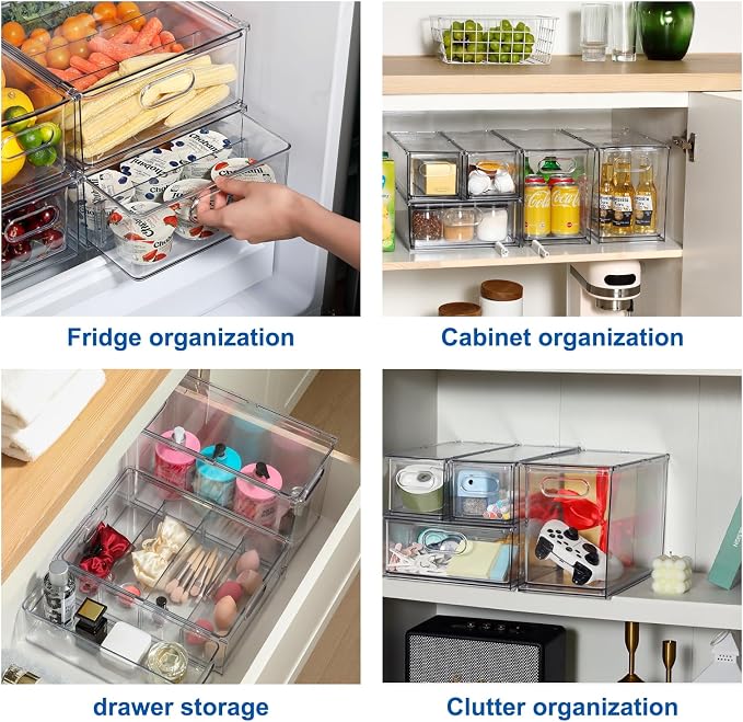 Fridge Organizers and Storage Pull Out Drawer, 2 Tall | Stackable, Clear, Soda Can and Bottle Container, for Kitchen, Cabinet - Image 3