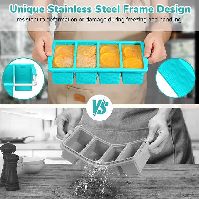Silicone Freezer Trays with Lid (4-Pack), 1-Cup, 2-Cup, 1/2-Cup & 2-Tbsp Silicone Freezer Molds, Stackable Soup Freezer Meal Prep Containers,Ice Cube Tray for Making Sauce,Smoothies,Yogurt Bites - Image 3