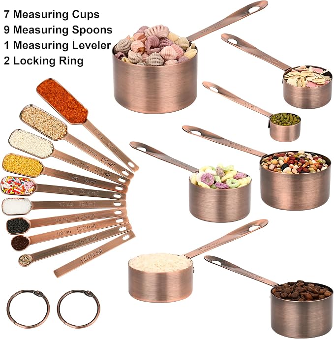 Copper Measuring Cups and Spoons Set 17 for Dry & Liquid, Metric & Us Stainless Steel Measuring Cups and Spoons Set with Leveler for Kitchen & Baking with 3/4 & 2/3 Measurer Cup - Image 2