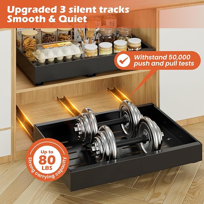 lockincar 1Pack Expandable Pull Out Cabinet Organizer 21" Deep, Adjustable Width 12.2"-20.4" Slide Out Drawers & Roll Out Shelves for Kitchen Cabinets, Easy Install with Double-Sided Adhesive, Black - Image 4