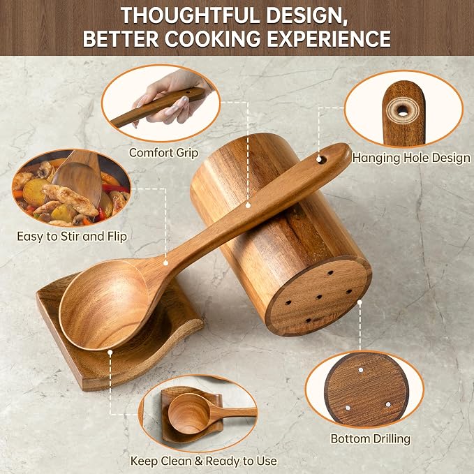8 PCS Natural Acacia Wooden Utensil Set Wooden Spoons for Cooking | Non-Toxic Acacia Wood, Nonstick Safe, Sturdy Easy to Clean, Includes Holder & Spoon Rest, Great Kitchen Gift - Image 6