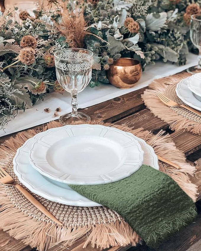 36 Pack Olive Green Cloth Napkins Cotton Linen Napkin 16 x 16 Inch Green Napkins Cloth Handmade with Fringe Soft Washable Rustic Dinner Napkin Cloths for Wedding Party Dinner Table - Image 7