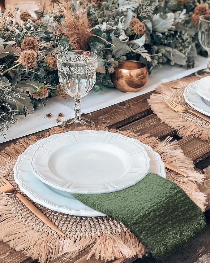 36 Pack Olive Green Cloth Napkins Cotton Linen Napkin 16 x 16 Inch Green Napkins Cloth Handmade with Fringe Soft Washable Rustic Dinner Napkin Cloths for Wedding Party Dinner Table - Image 7