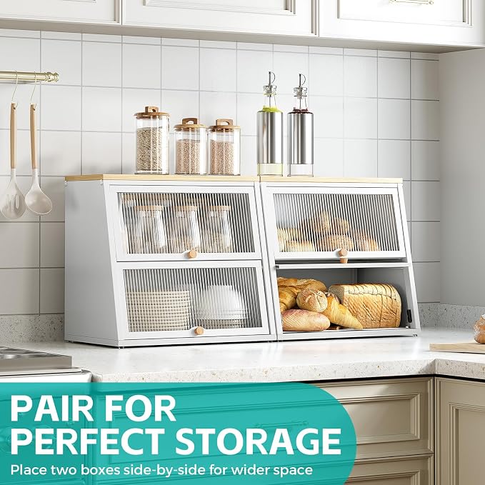 Urackify Bread Box for Kitchen Countertop – 2-Tier Bread Storage Container, Metal Breadbox with Acrylic Wavy Door, Wood Top, Magnetic Seal, Anti-Slip Base, 14.96x9.84x13.78 inch, White - Image 4
