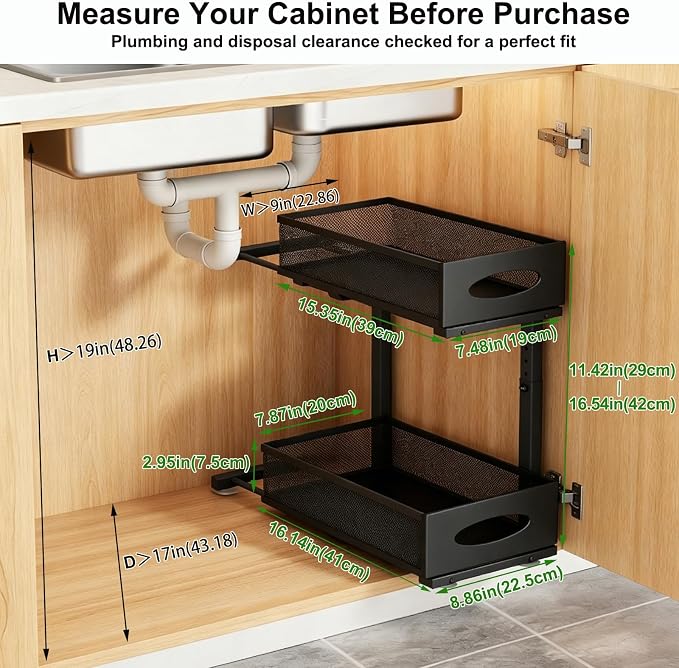 2-Pack Under Sink Organizer, 2-Tier Pull Out Cabinet Storage, Black | Rustproof Carbon Steel, Mesh Sliding Drawers, 5-Level Height Adjustable to Bypass Pipes, for Kitchen, Bathroom, Laundry - Image 3