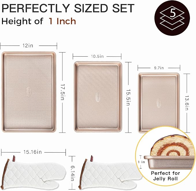 3 Pack Gold Nonstick Baking Sheet Pan Set with Oven Mitts Heat Resistant, Non-Toxic Half/Quarter/Jelly Roll Pans with Diamond Texture Pattern, Heavy Duty 0.8mm Thick Cookie Trays for Cooking - Image 6