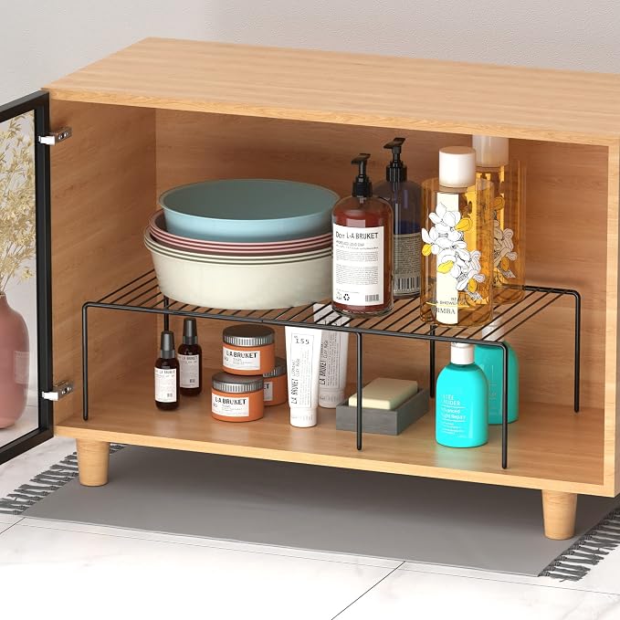 Redrubbit Cabinet Storage Shelf Rack, 8 Piece Expandable Metal Rustproof Kitchen Counter and Cabinet Shelf, Storage Rack Organizer Space Saver for Kitchen, Fridge, Cabinet, Bathroom, Black, Set of 4 - Image 6