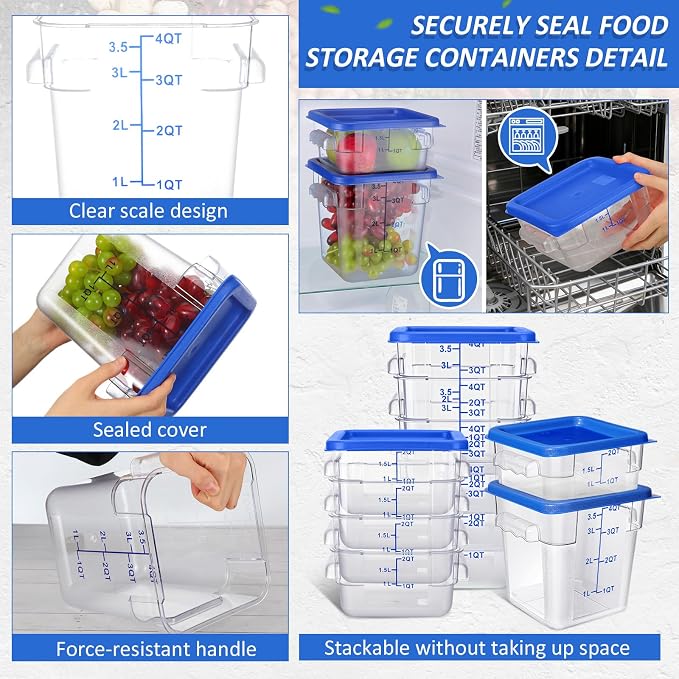 Yungyan 16 Pcs Restaurant Food Storage Containers with Lids Set 2Qt and 4Qt Commercial Restaurant Square Storage Containers Clear Food Cereal Container for Kitchen Freezer (Blue Lids) - Image 5