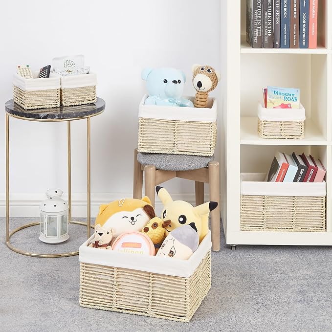 Wicker Storage Baskets, 6 Pack Baskets for Organizing, Wicker Basket with Handle, Rectangular Basket for Storage Shelves, Cube Storage Bins for Closet/Clothes/Dresser, Beige - Image 4